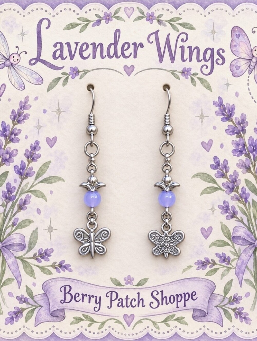 Lavender Butterfly Wings Artesian Glass Bead Drop Earrings